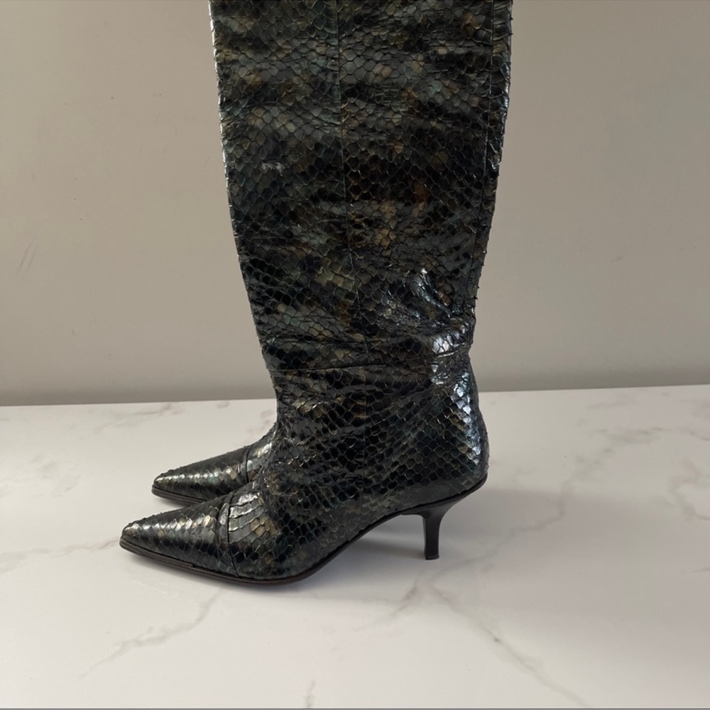 Vintage 90s Gucci Tom Ford Python Snakeskin Green Slip On Long Knee High Boot - Picture 6 of 14